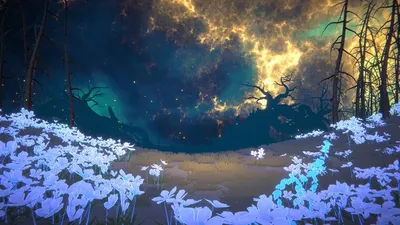 Shape of Dreams の燃える星空の下に光る青い花畑