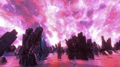 Shape of Dreams のピンクと紫の星雲の下に広がる黒い結晶の風景