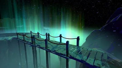 オーロラの下に架かる雪原の橋と星空の Shape of Dreams の風景