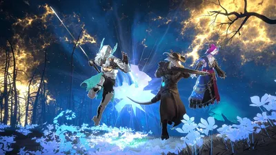 Shape of Dreams の燃える星空の下で並んで戦う三人のトラベラー